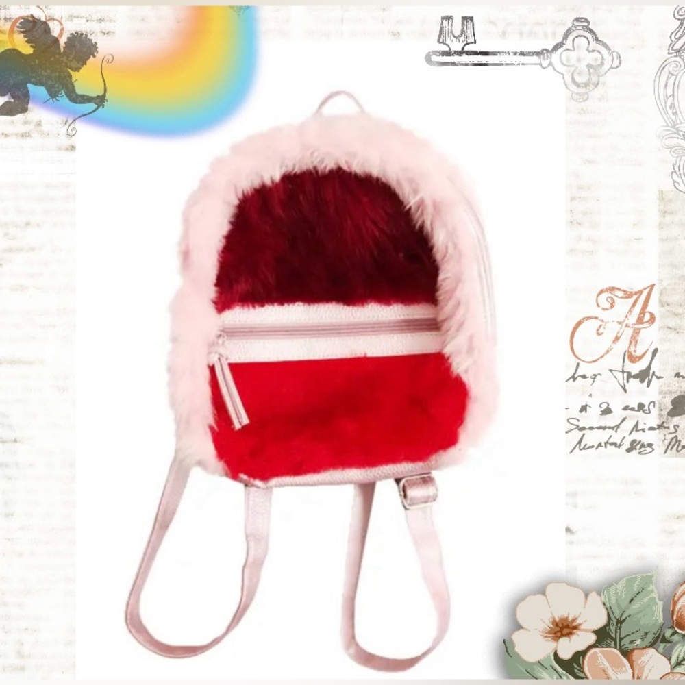 Euphoria Jules Fuzzy Mini Fuzzy Pink and Red Backpack